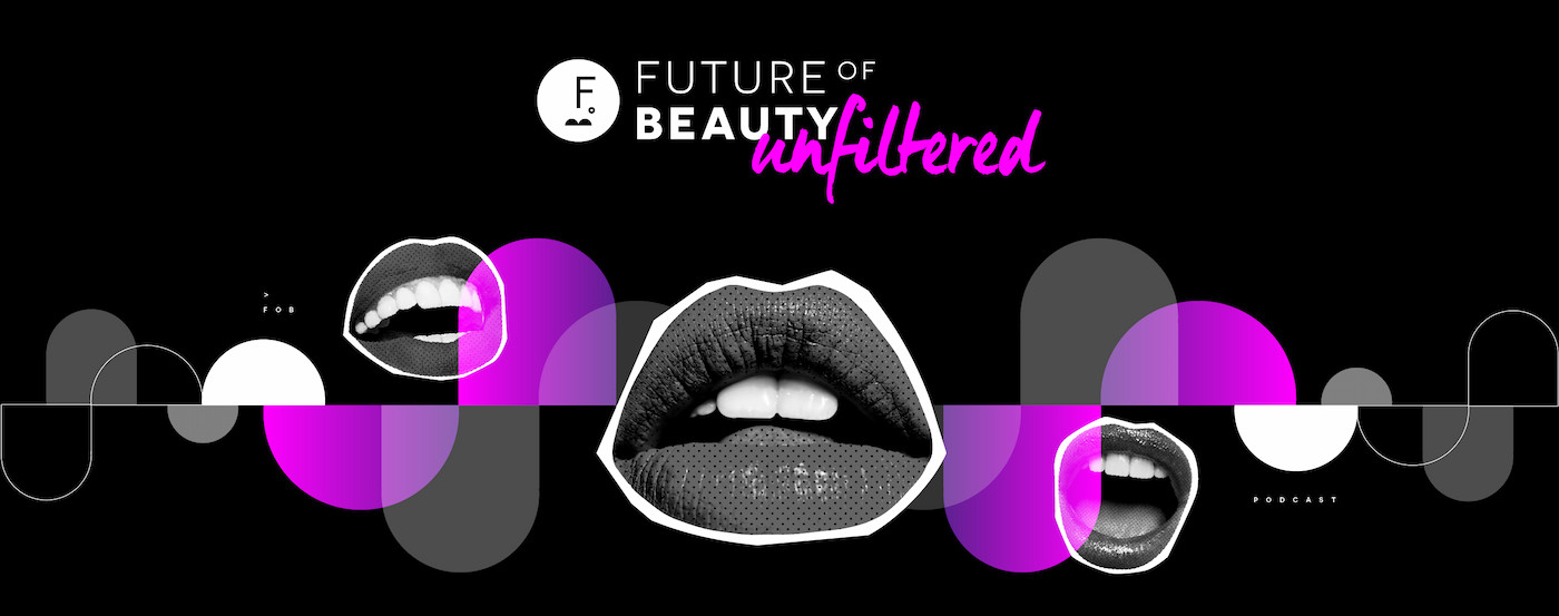 A banner featuring a wavy pattern and burst of pink geometric shapes behind some grungy photos of lips