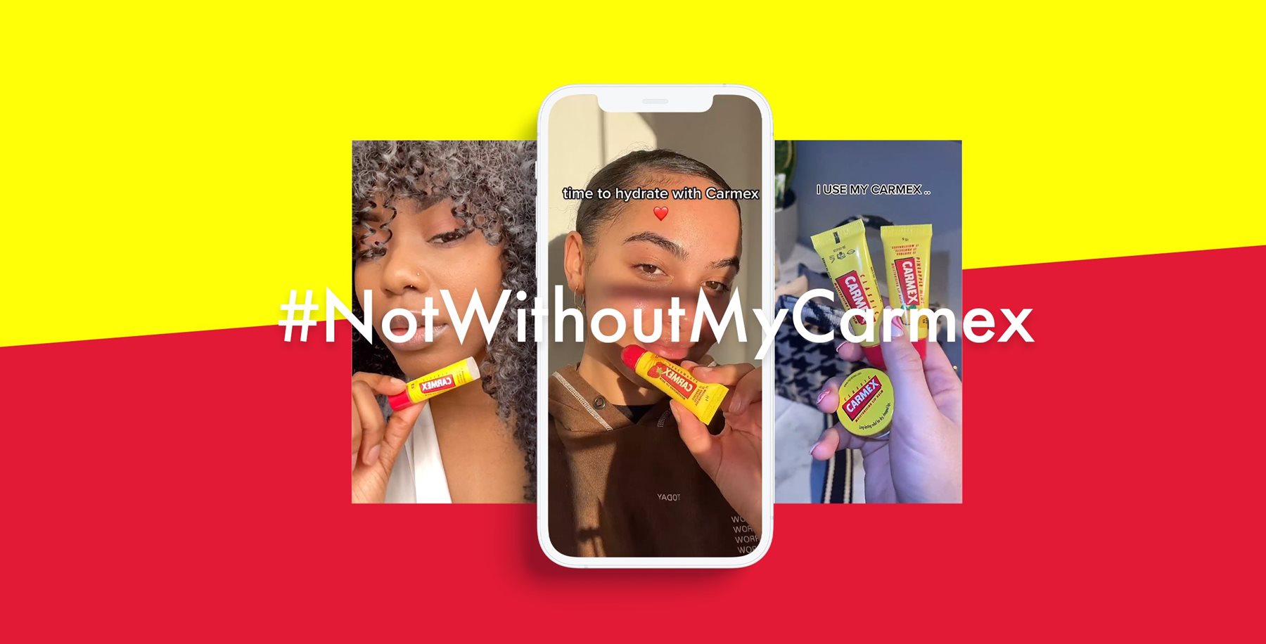 Three phones against a red and yellow background with the hacktag 'Not without my Carmex' running across them
