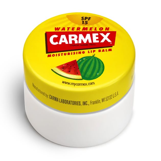 Carmex moisteriser circular yellow tin. Watermelon flavour