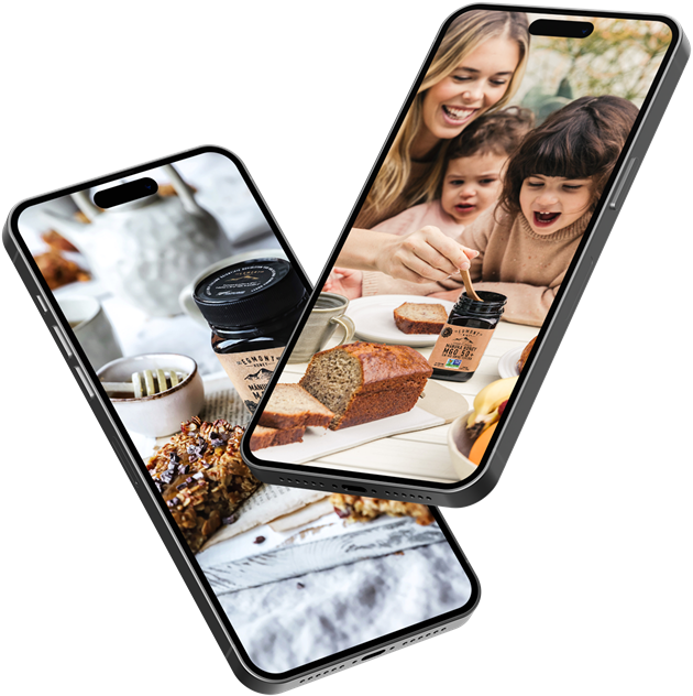 Two mobile phone at an angle showing a woman and her two children eating toast with Mānuka honey on it