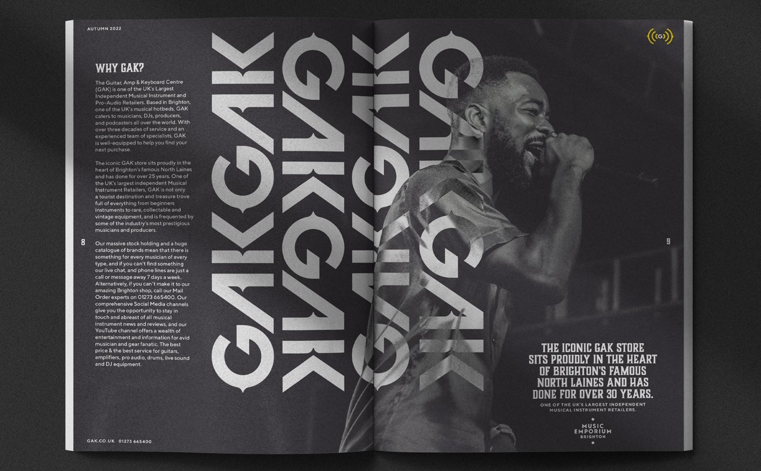 Brochure layout with black man singing and a typographic background