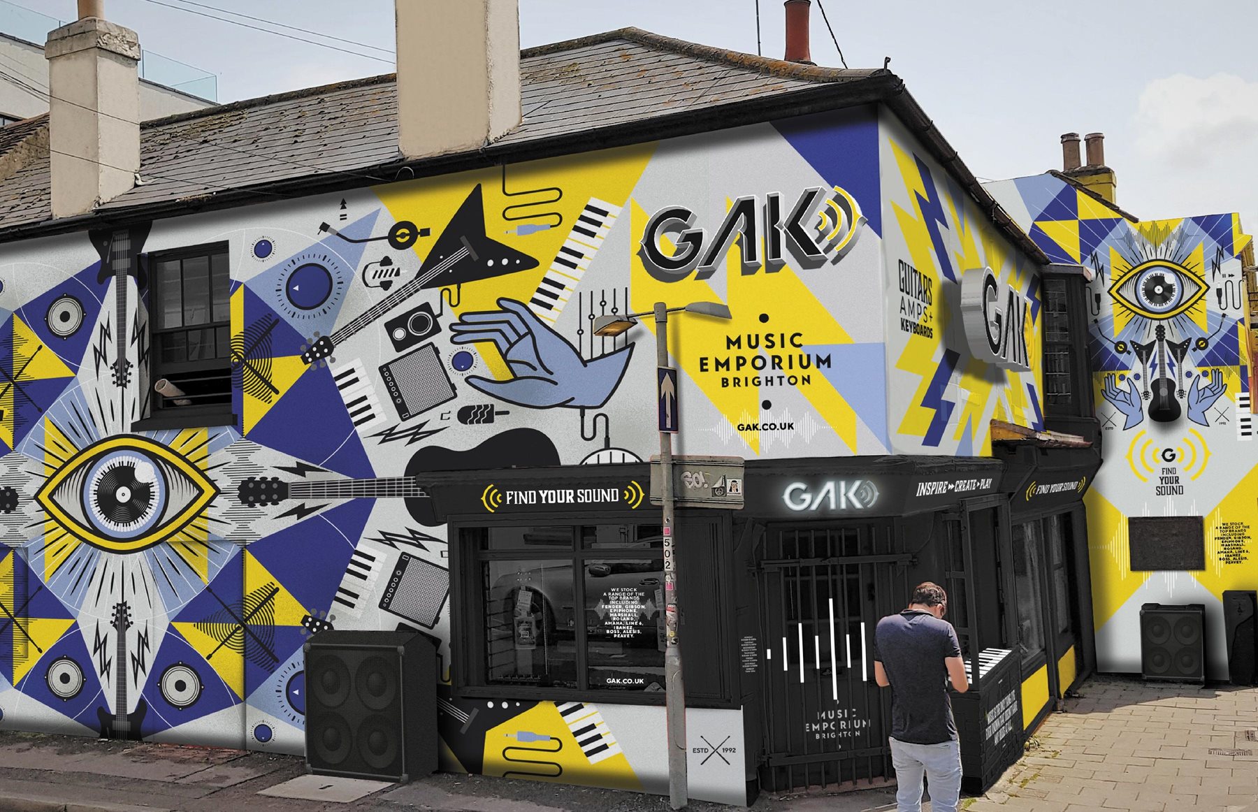 An example of a new shop front with the building walls painted in a yellow and blue kaleidoscope design from the new brand
